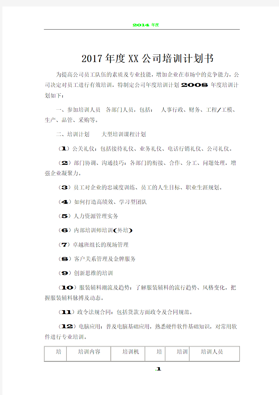 2017年度XX公司培训计划书