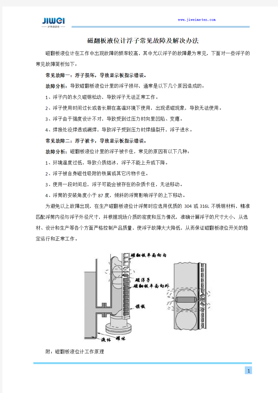 磁翻板液位计浮子常见故障及解决办法