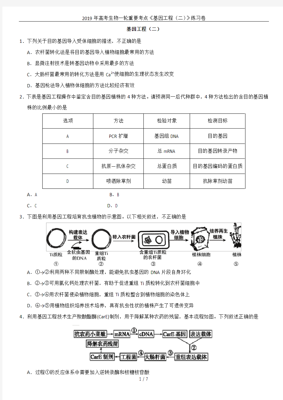 2019年高考生物一轮重要考点《基因工程(二)》练习卷