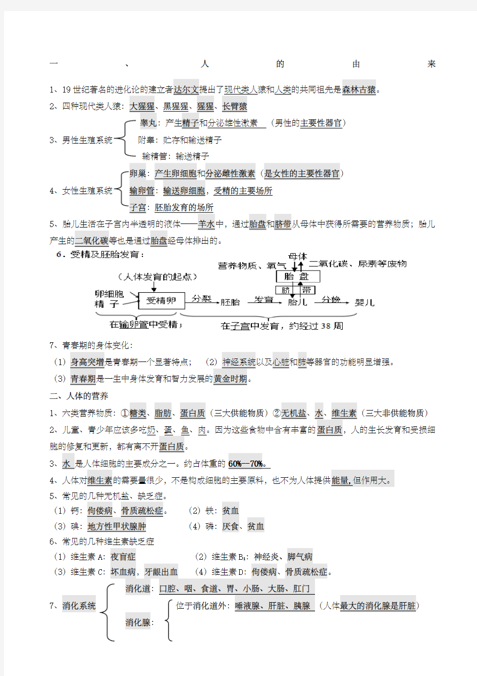 人教版七年级生物下册背诵资料打印版)