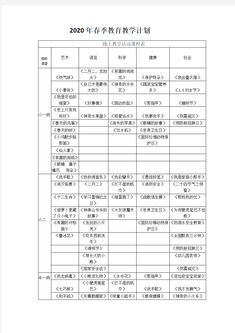 2020年春季教育教学计划