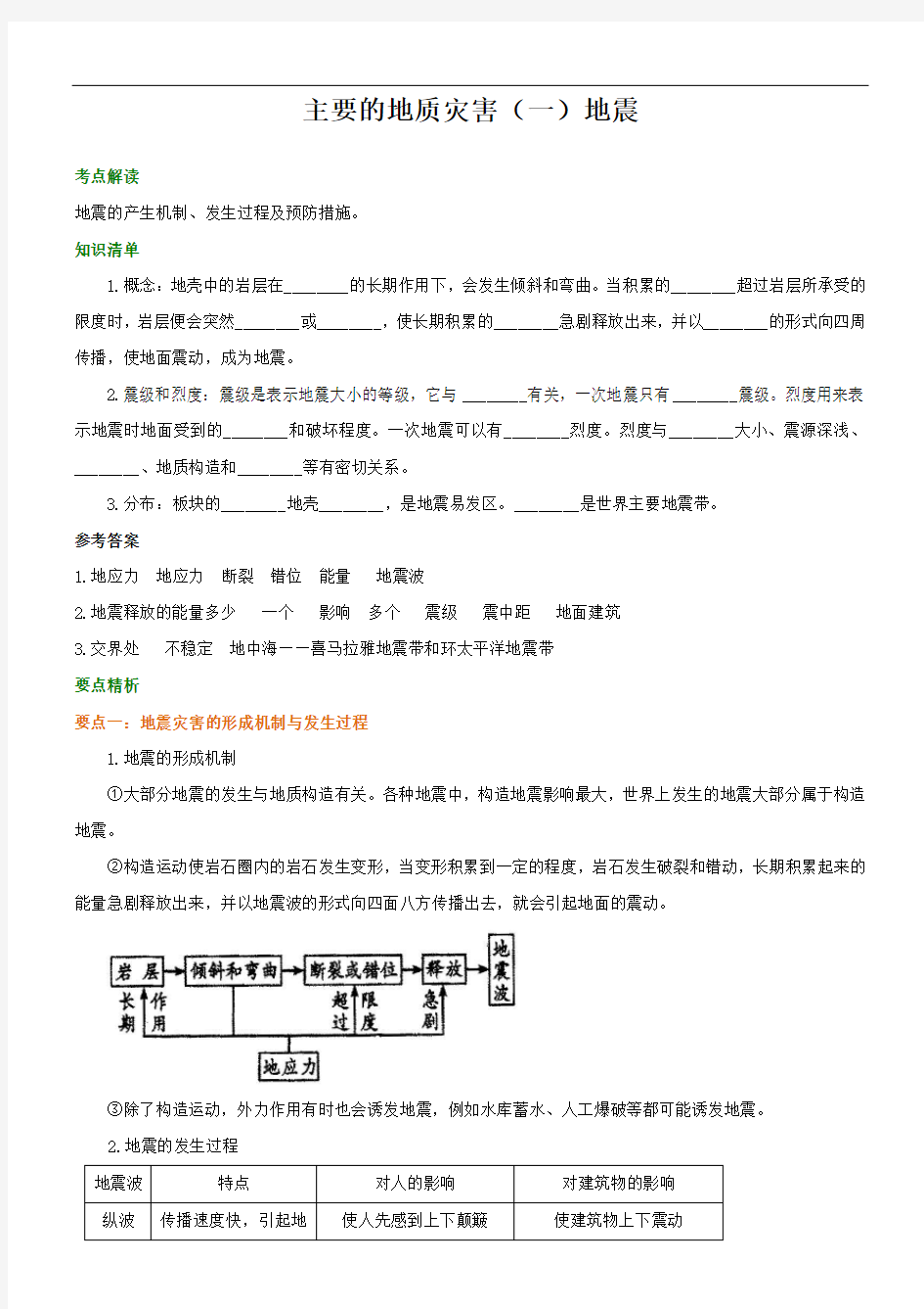 人教版 高中地理 选修五《主要的地质灾害(一)地震》知识点导学及答案