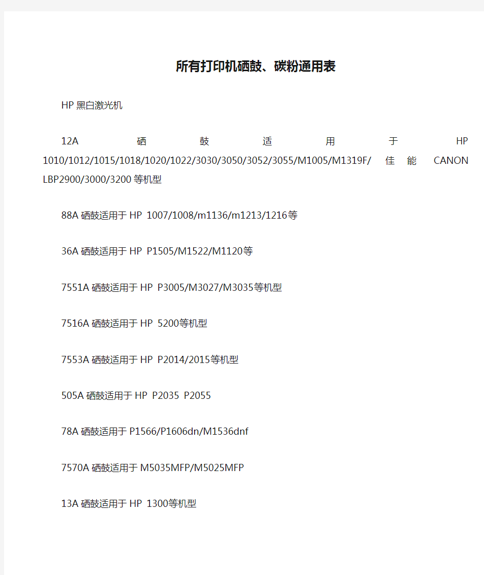 所有打印机硒鼓、碳粉通用表