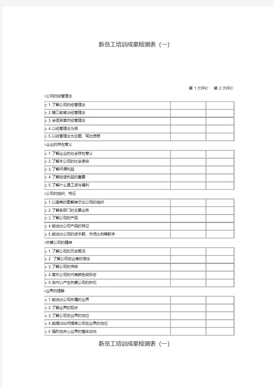 新员工培训成果检测表(一)