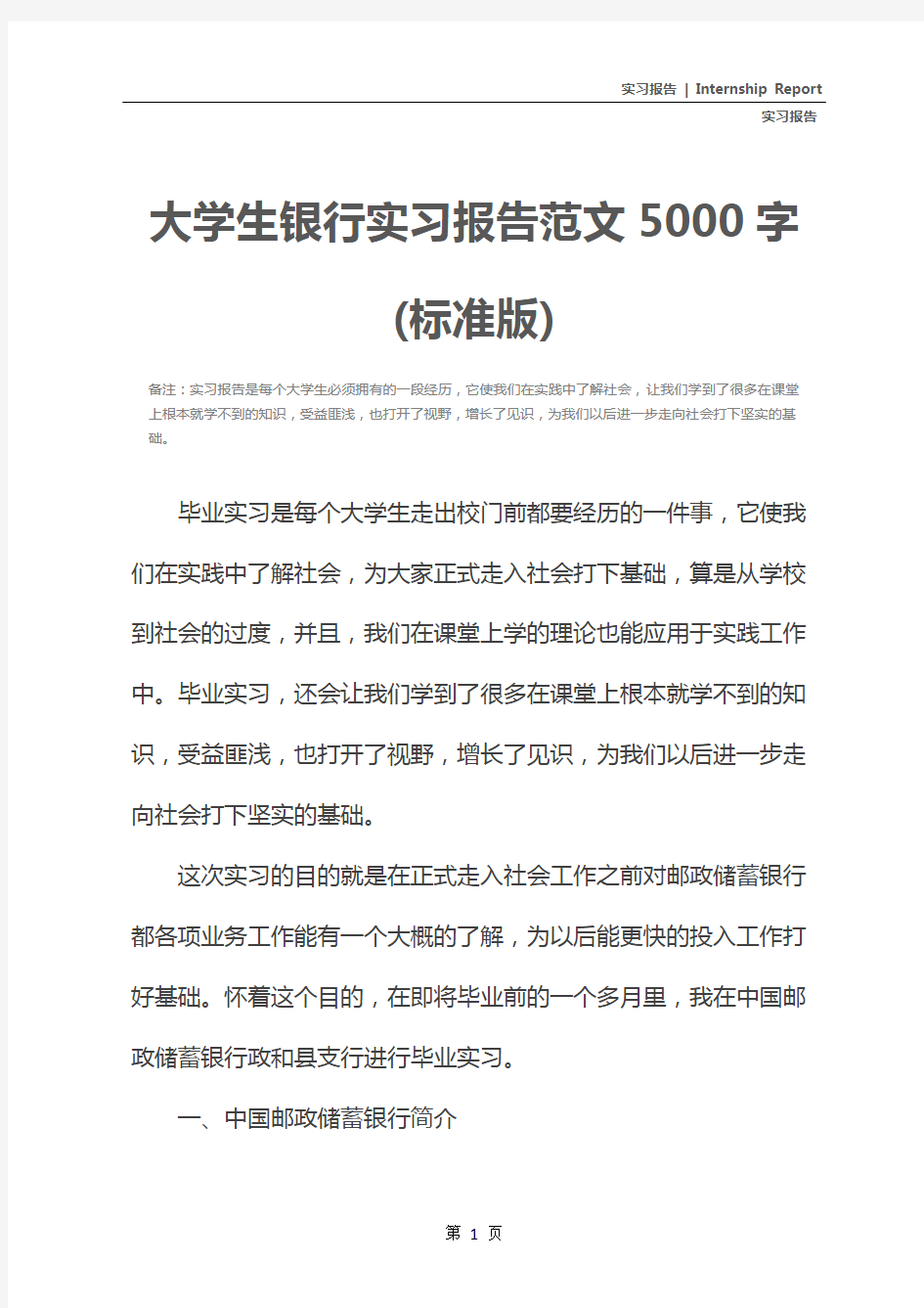 大学生银行实习报告范文5000字(标准版)