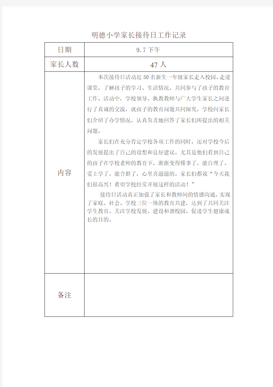 明德小学家长接待日工作记录