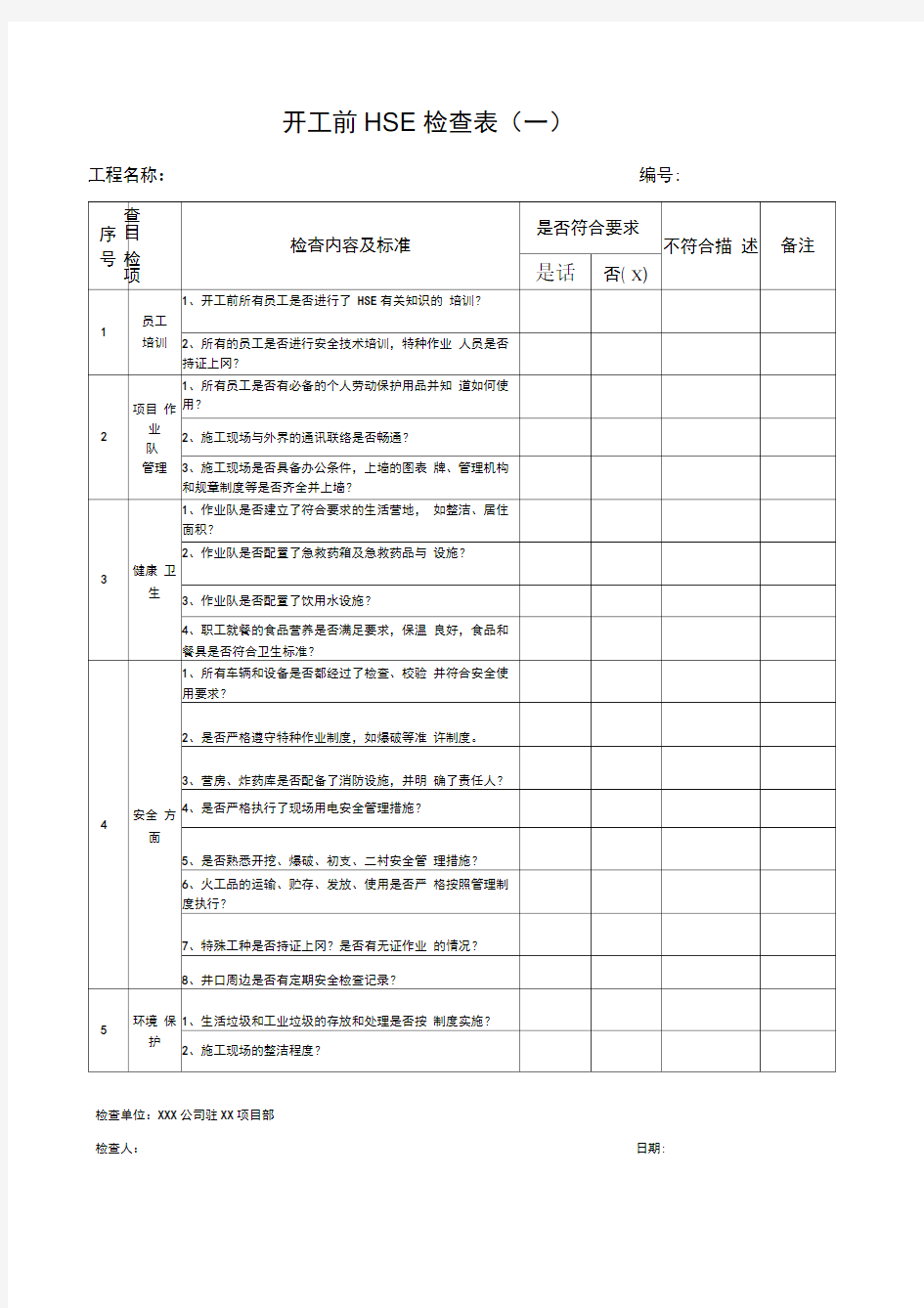 HSE 检查表