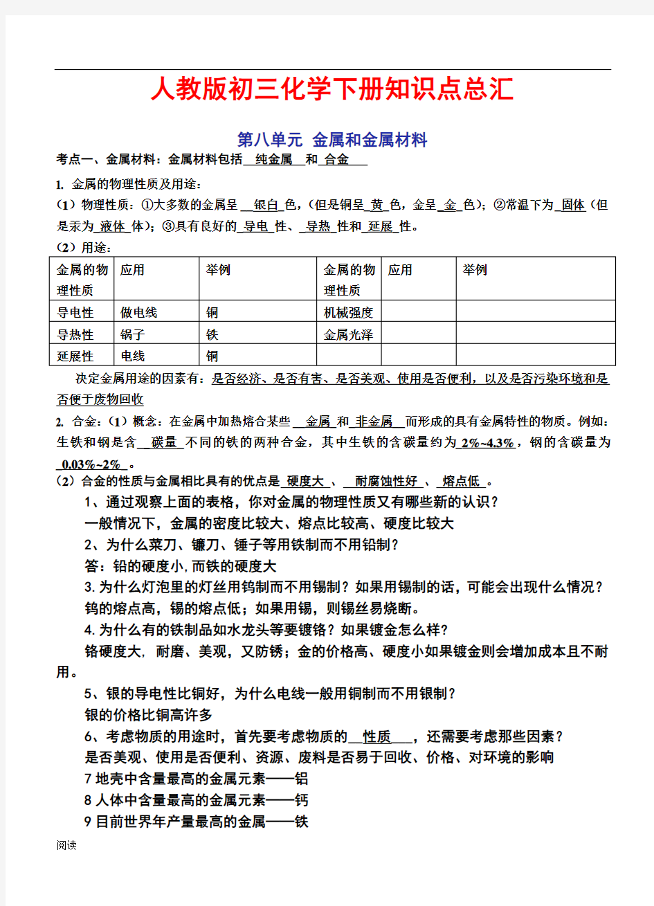 人教版九年级下册化学知识点汇总