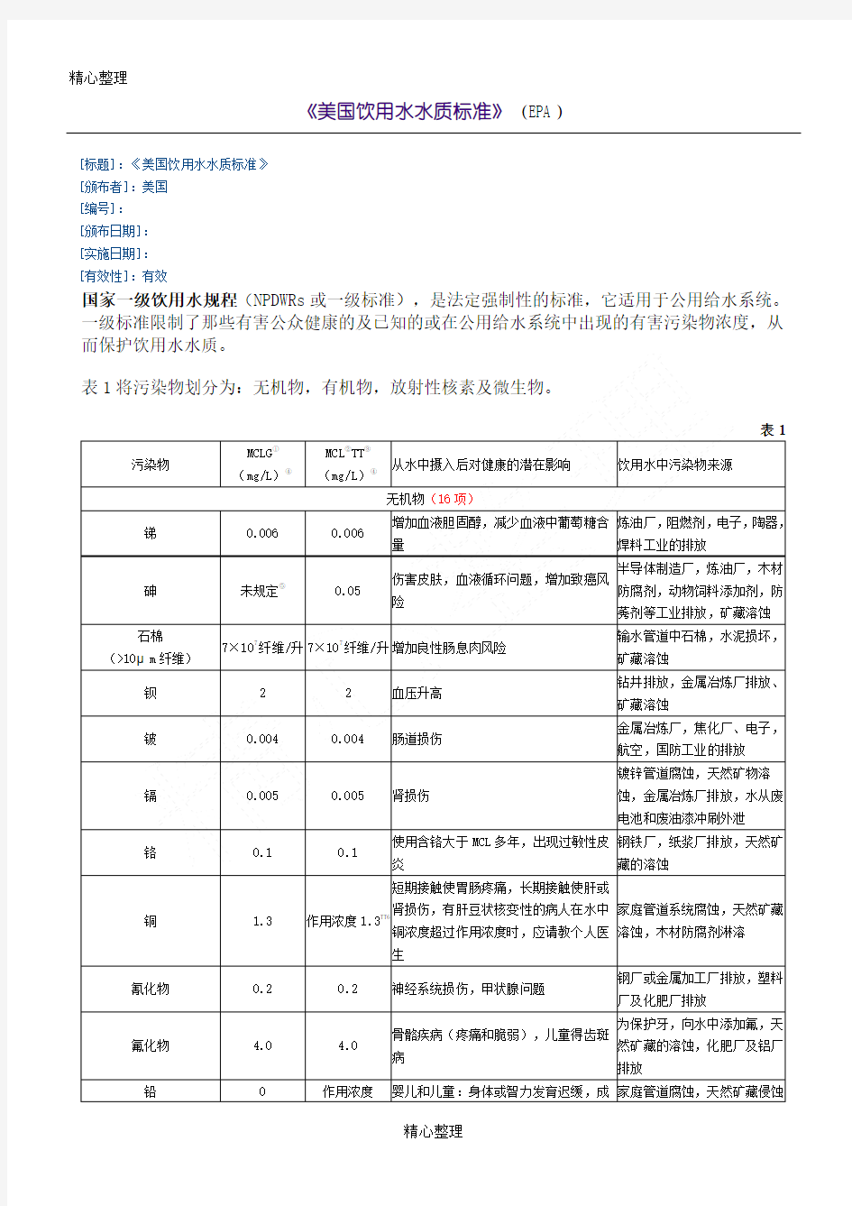 美国饮用水水质标准(EPA)