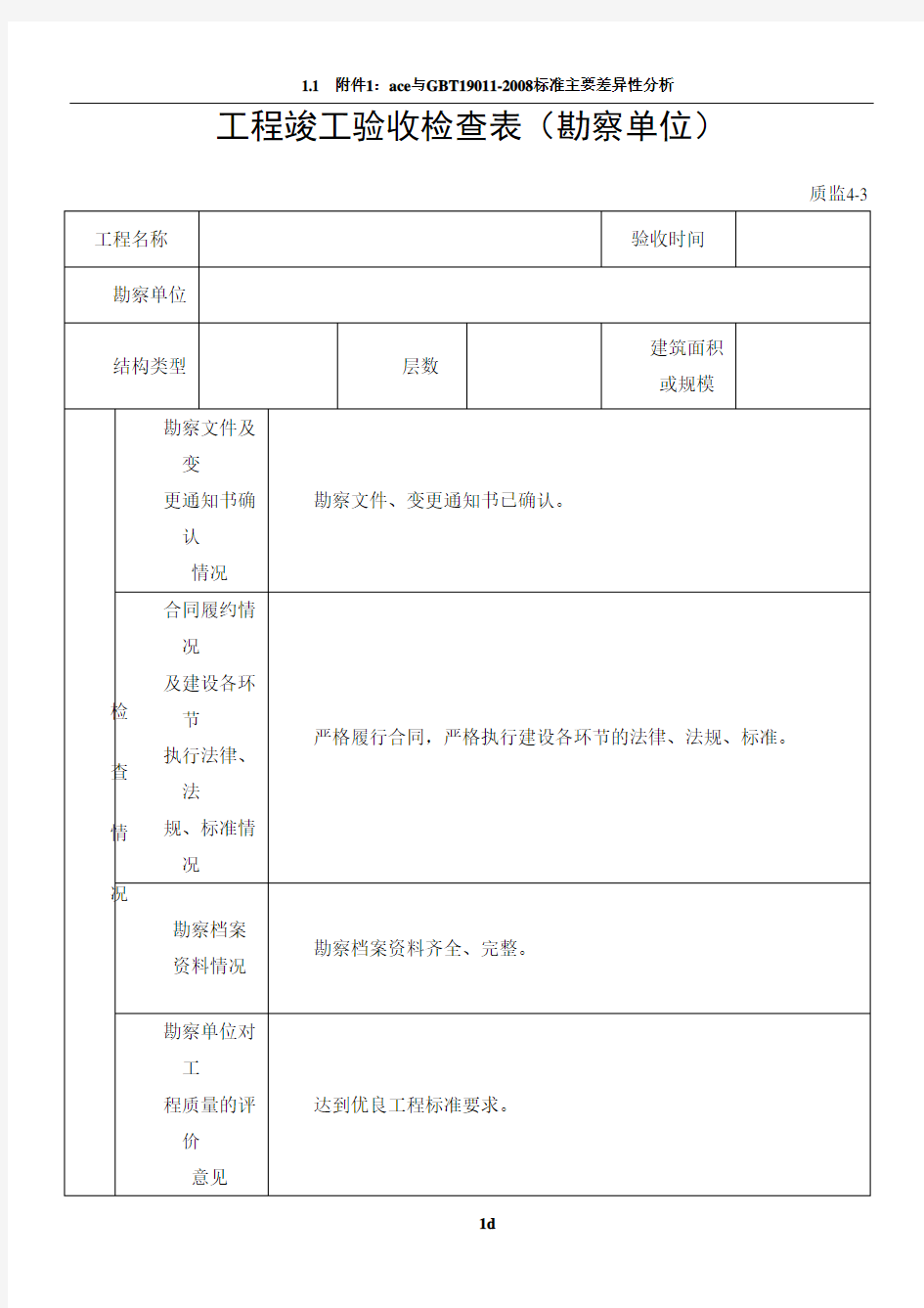 工程竣工验收检查表