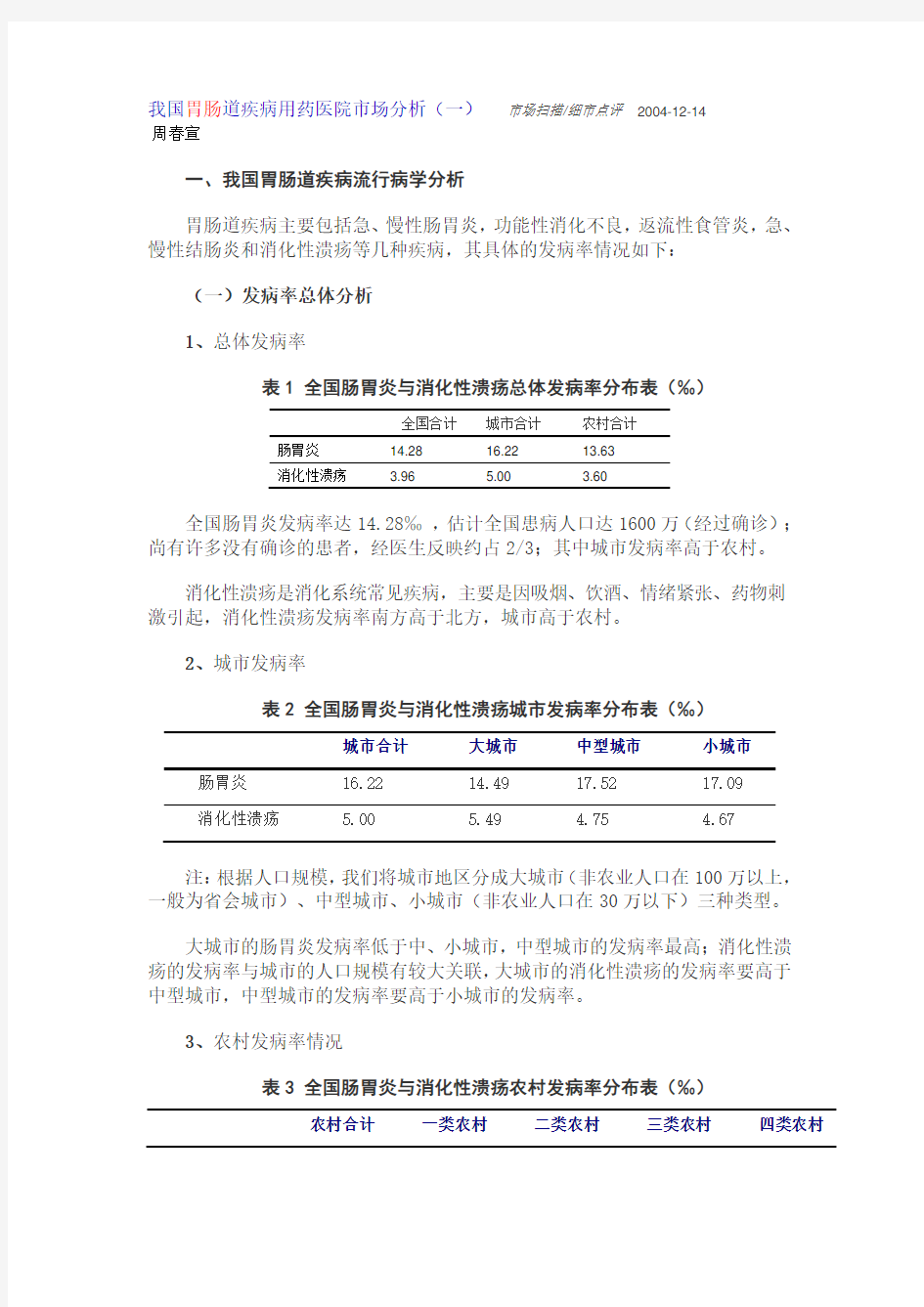 我国胃肠道疾病用药医院市场分析