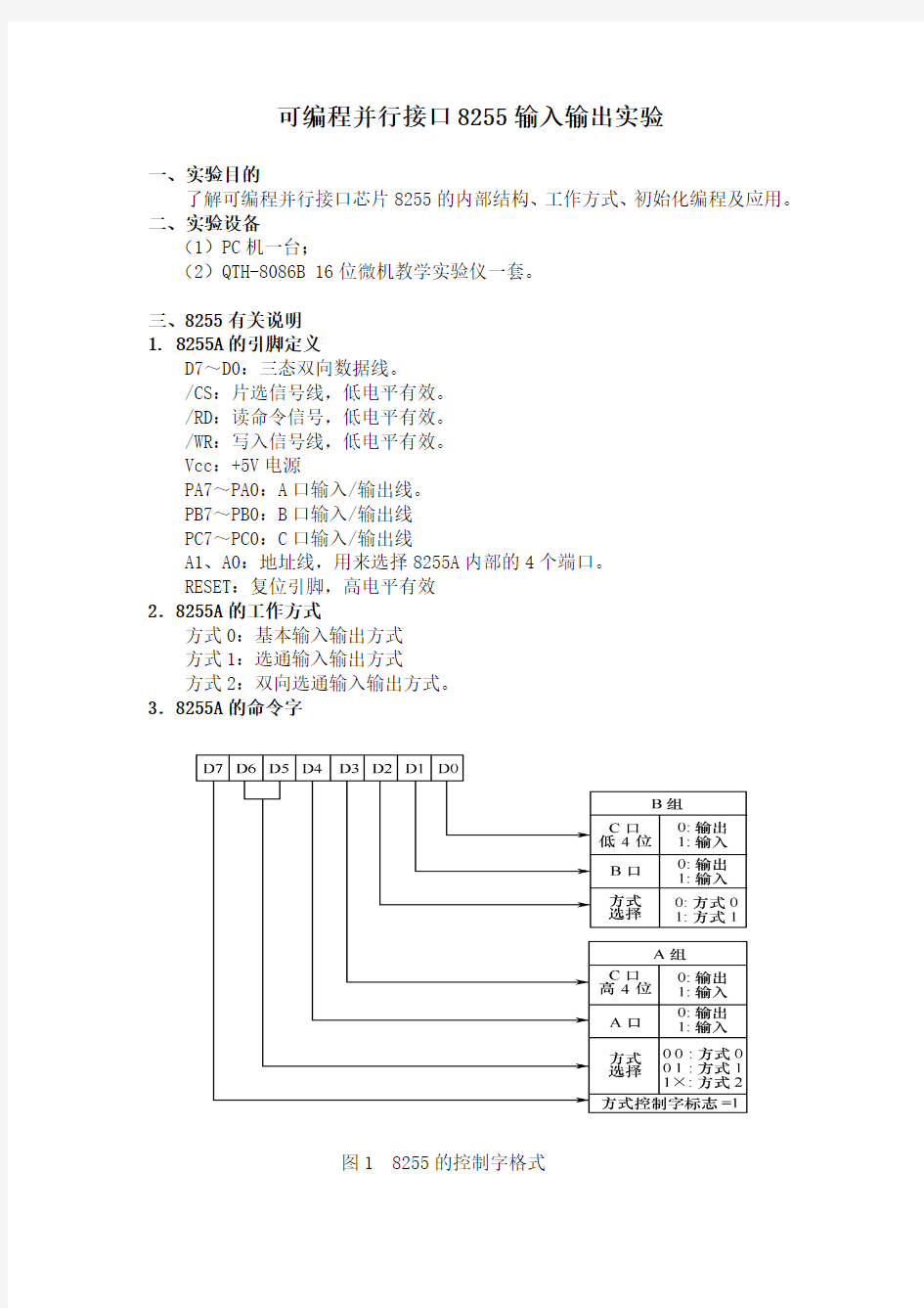 可编程并行接口8255输入输出实验