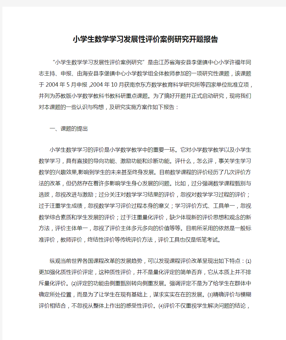 小学生数学学习发展性评价案例研究开题报告