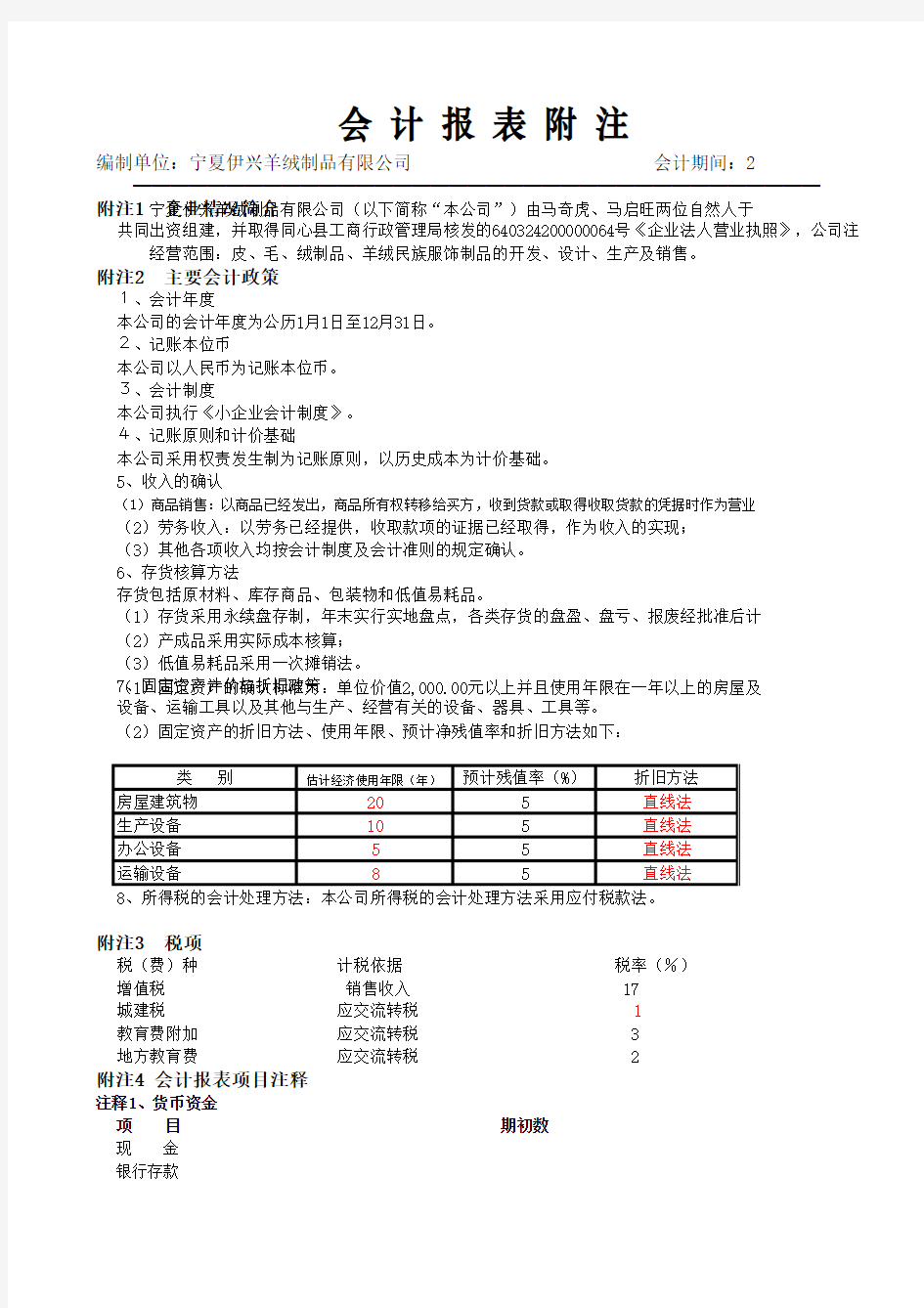 财务报表及附注(样板)