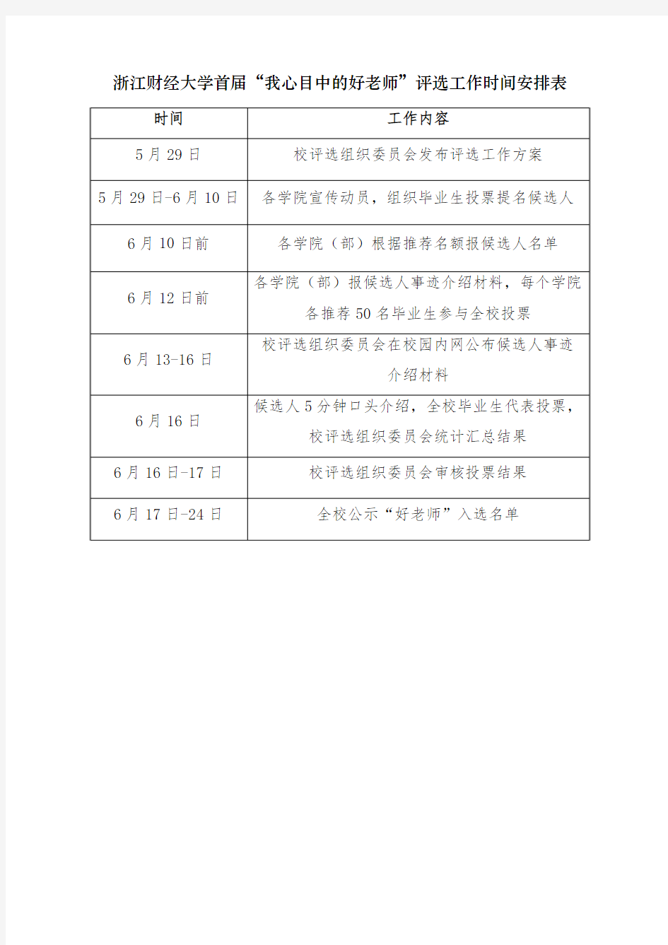 浙江财经大学首届“我心目中的好老师”评选工作时间安排表