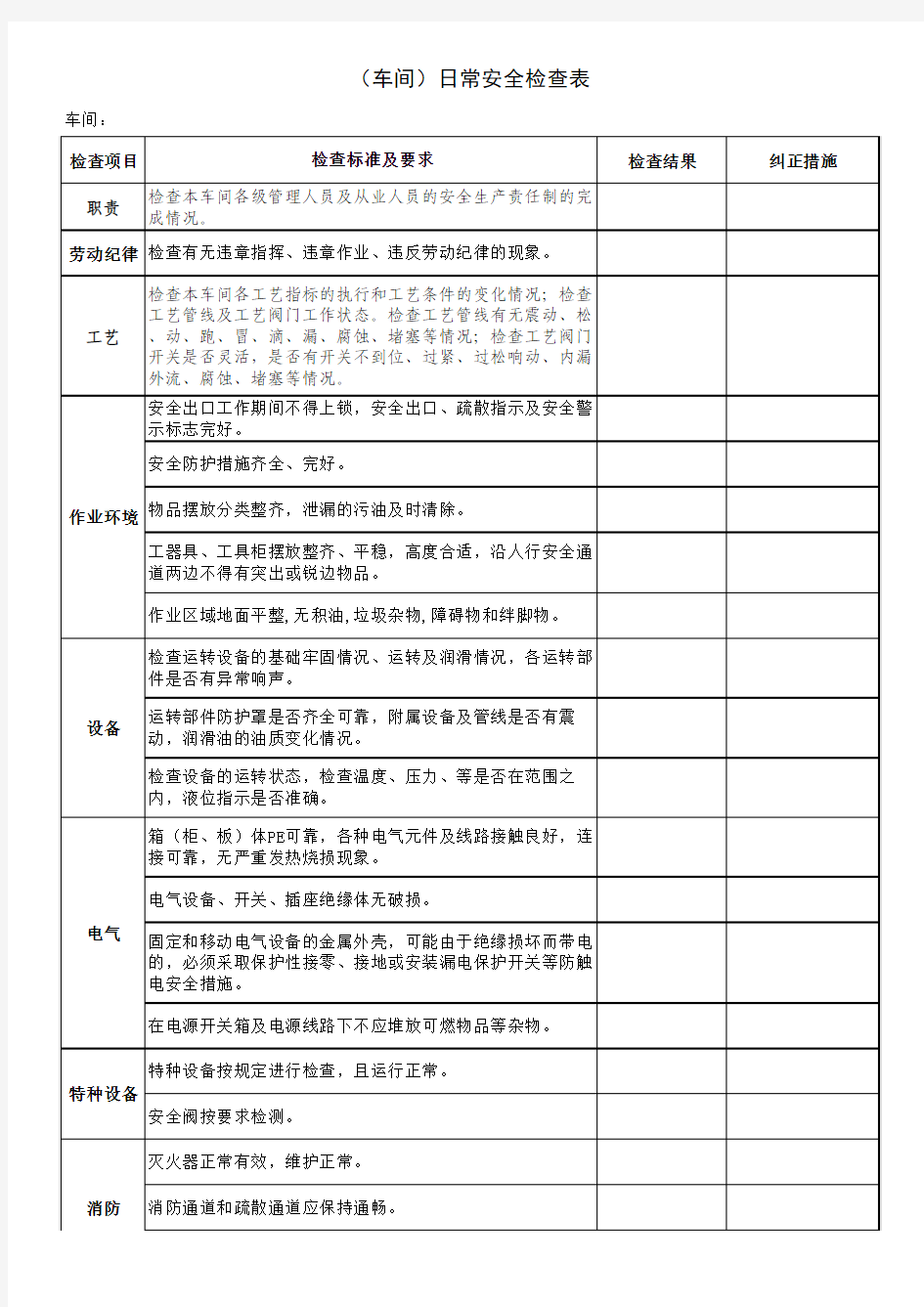 (班组)日常安全检查表