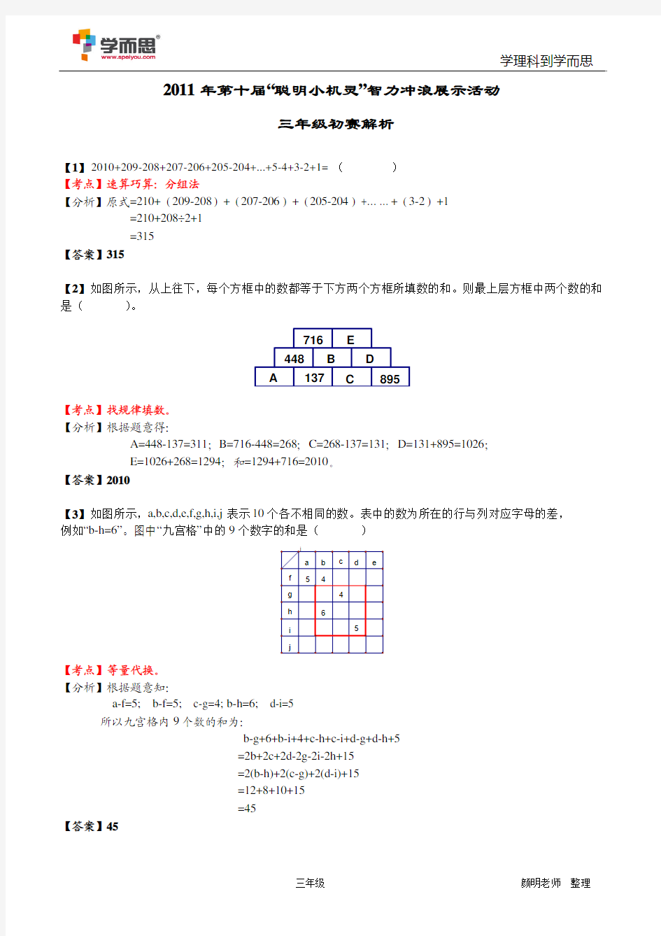 2011年第十届小机灵三年级初赛试题分析