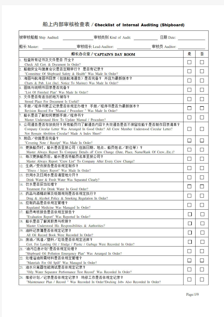 船上内部审核检查表