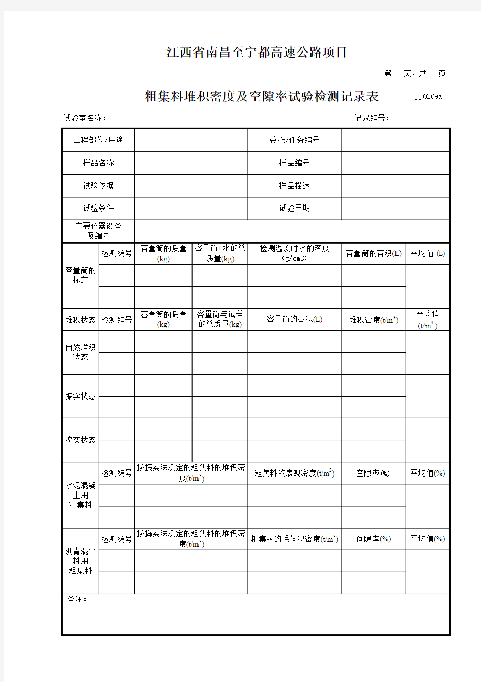 粗集料堆积密度及空隙率试验检测记录表