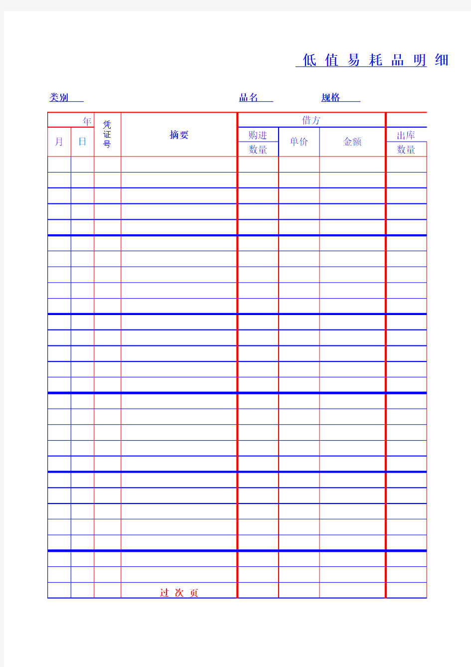 低值易耗品明细账表格