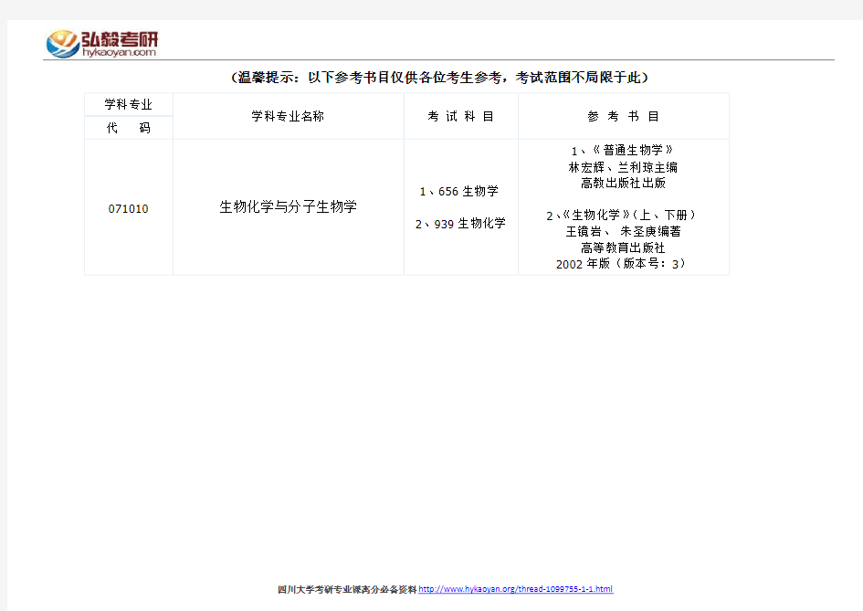 四川大学生物化学与分子生物学考研参考书目