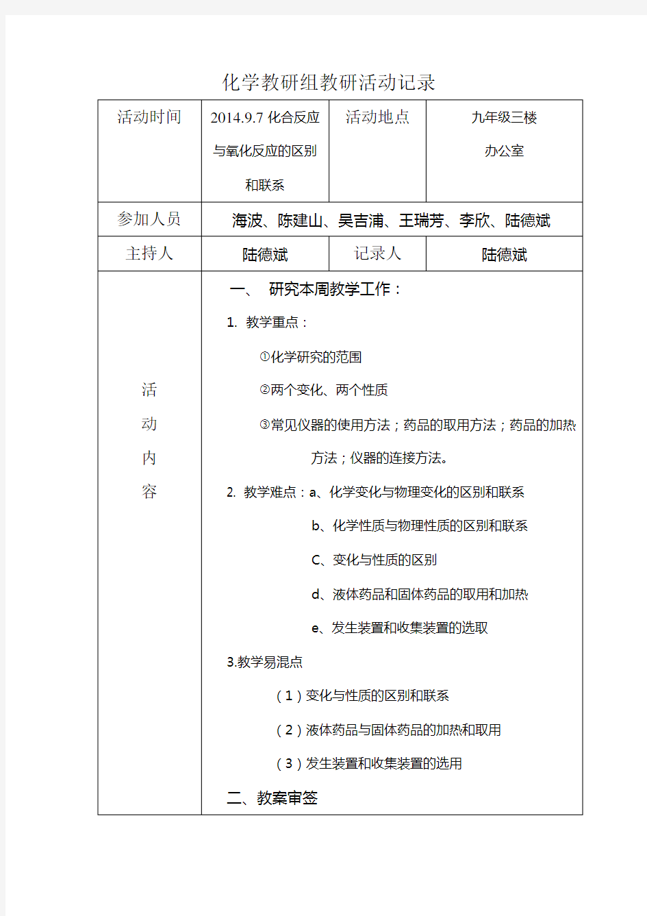 化学教研组教研活动记录