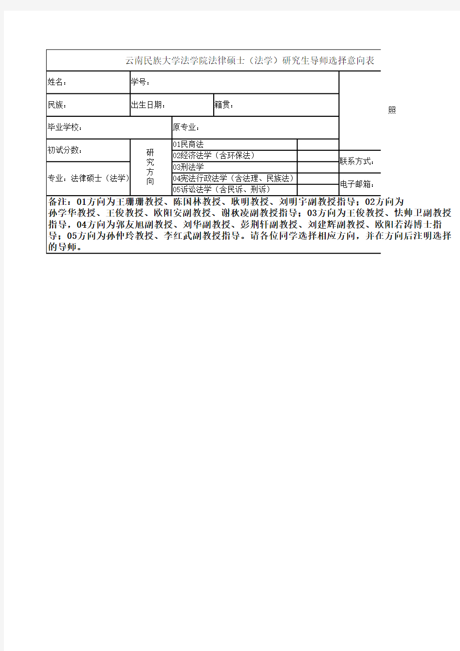 云南民族大学法学院法律硕士(法学)硕士生导师选择意向表