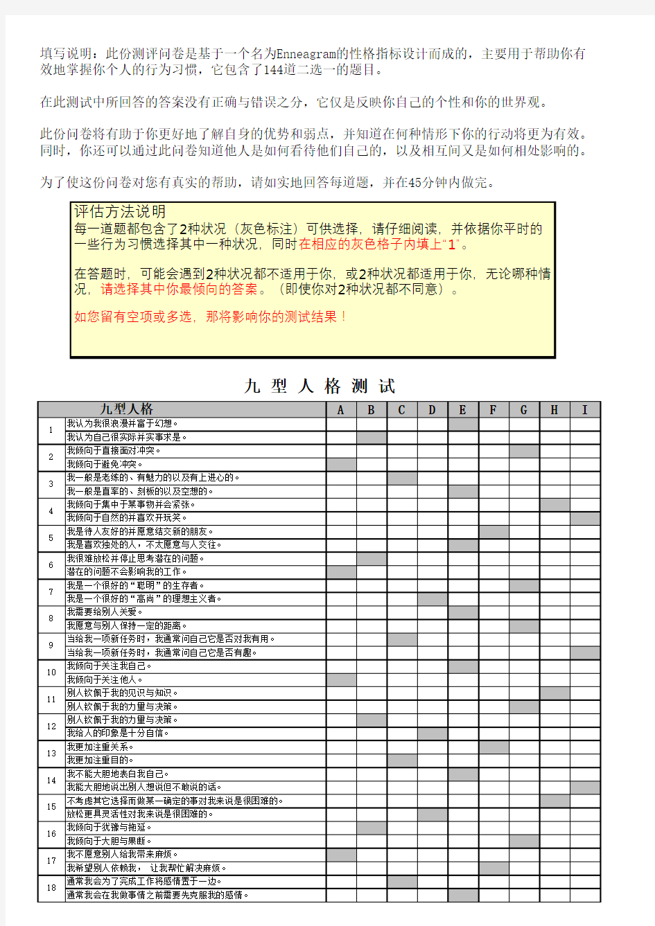 九型人格测试题.144题(自动统计结果)