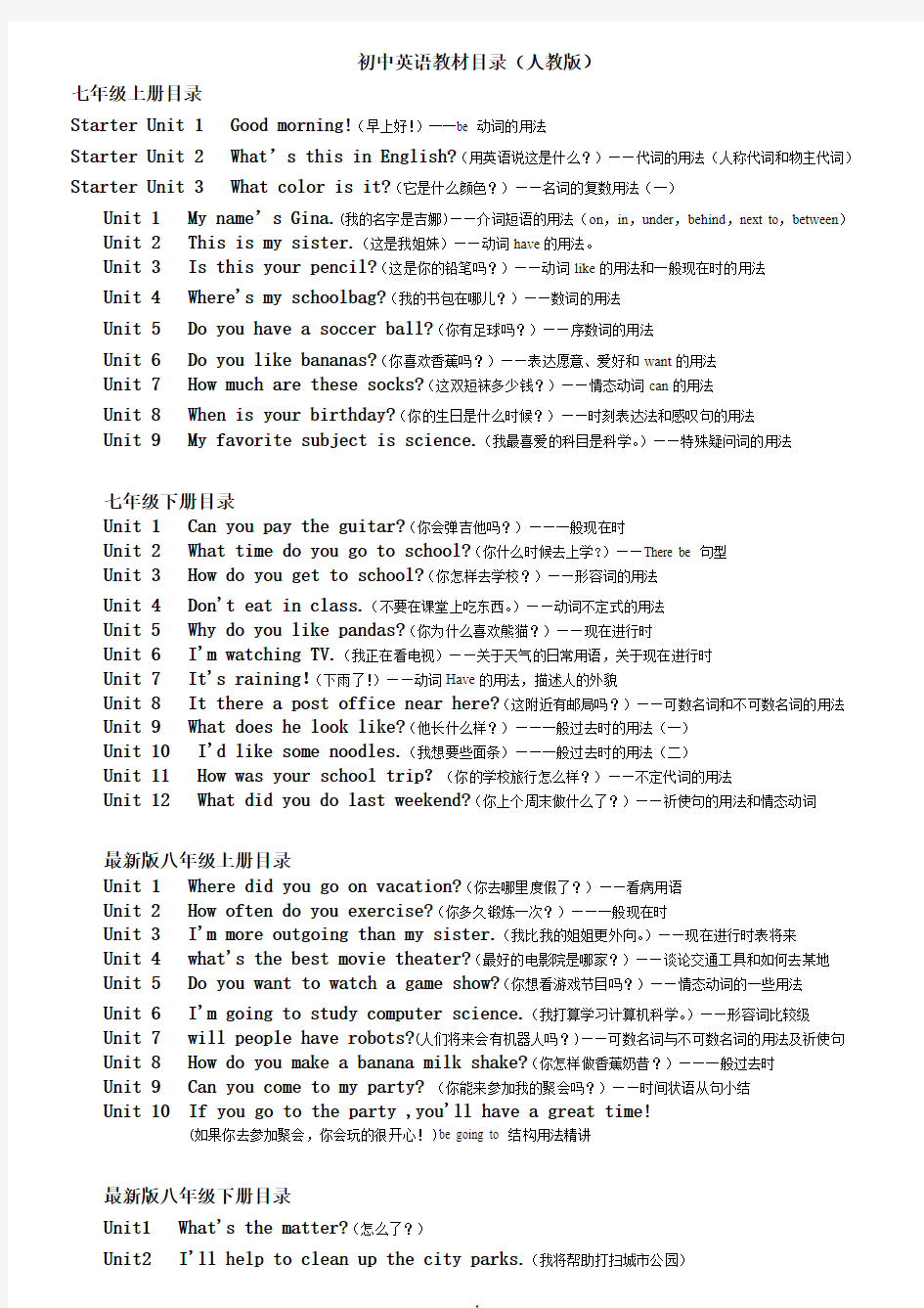 初中英语教材目录人教版)