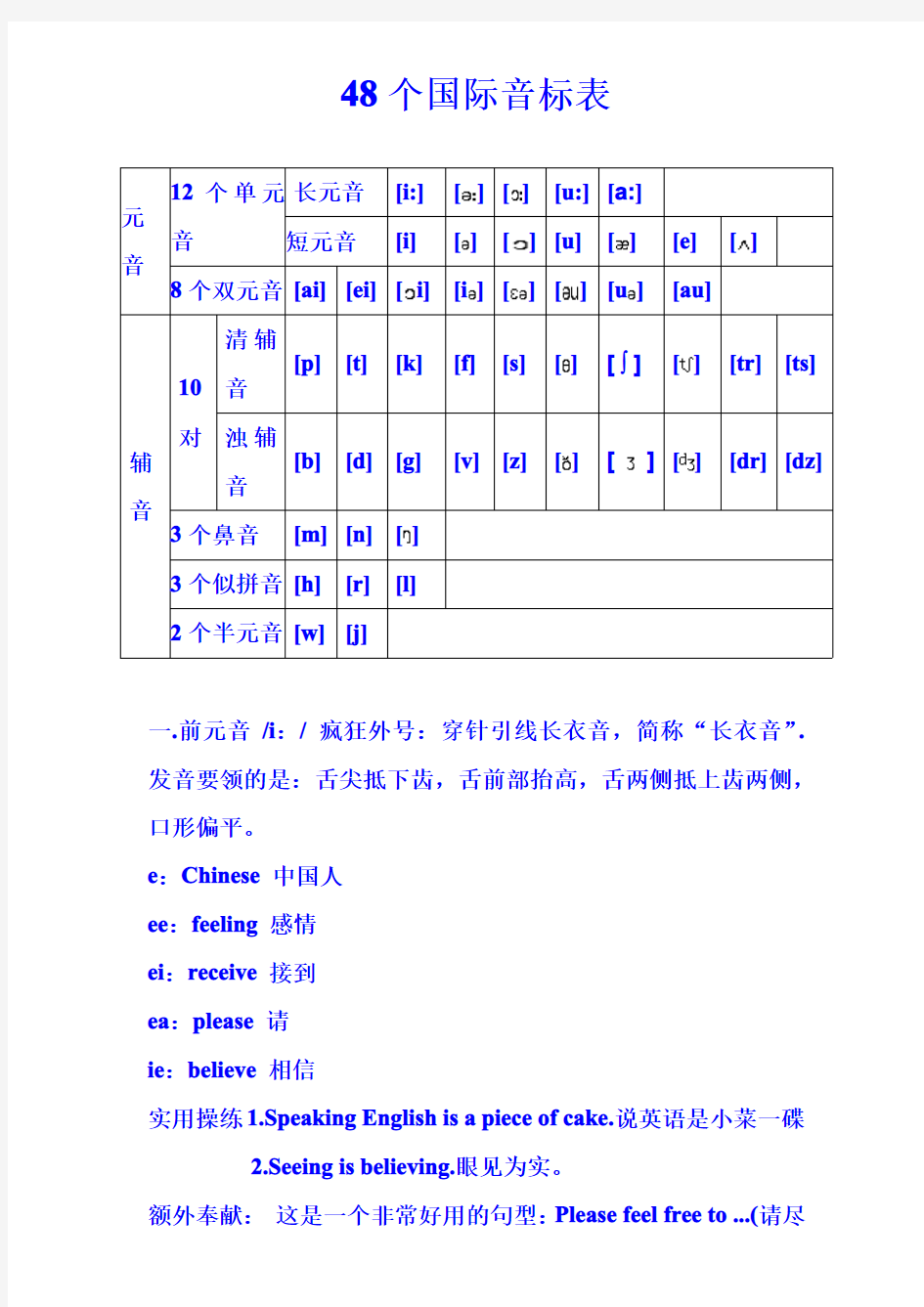 48个国际音标表(打印版)已整理