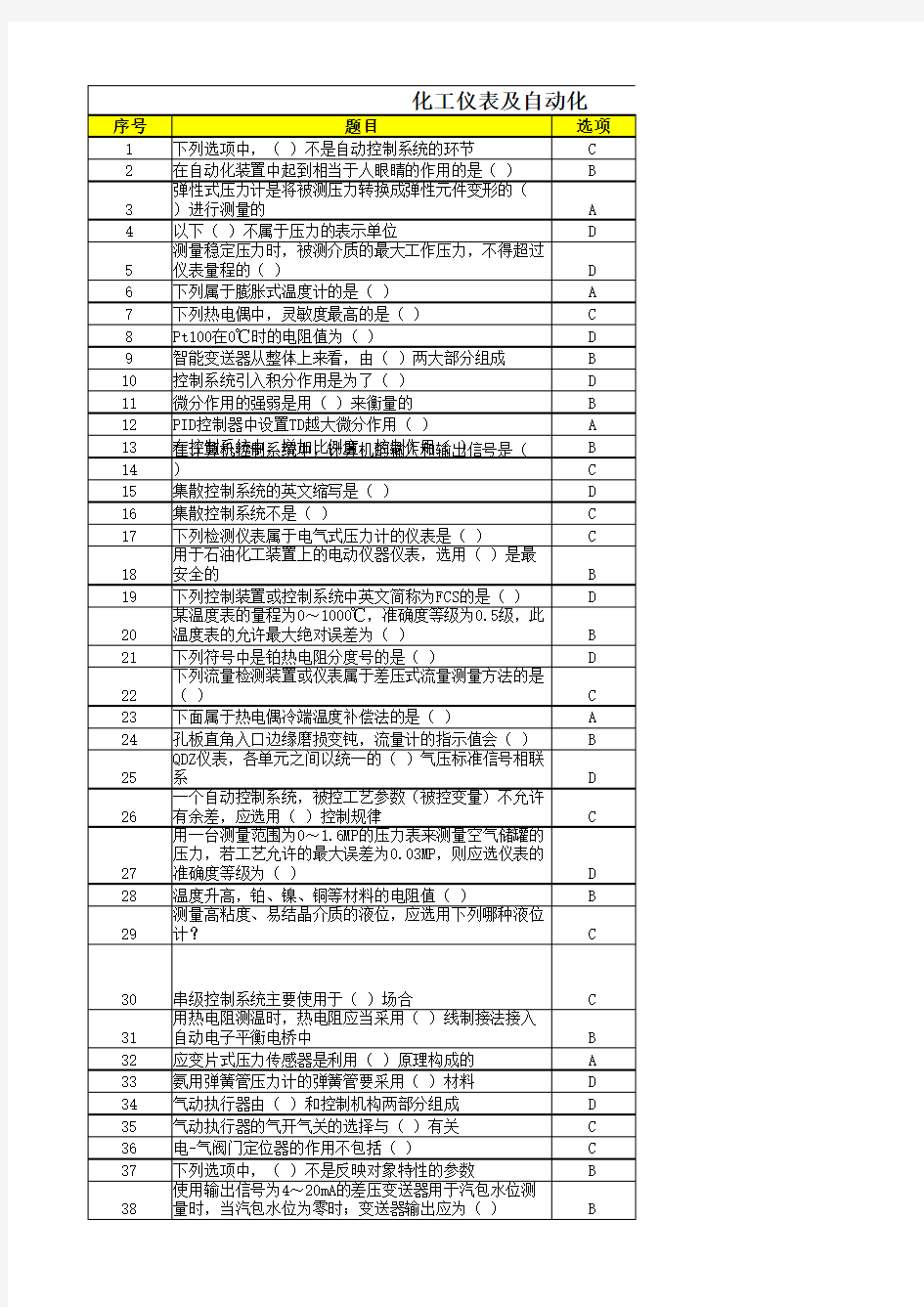 化工仪表及自动化 机考资料