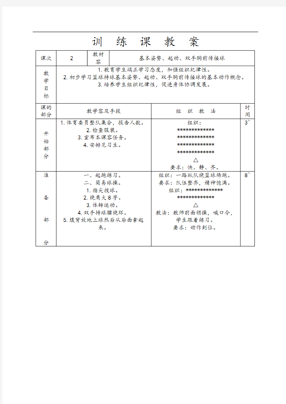 篮球队训练课教案设计