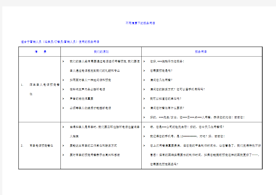 不同情景下的服务用语