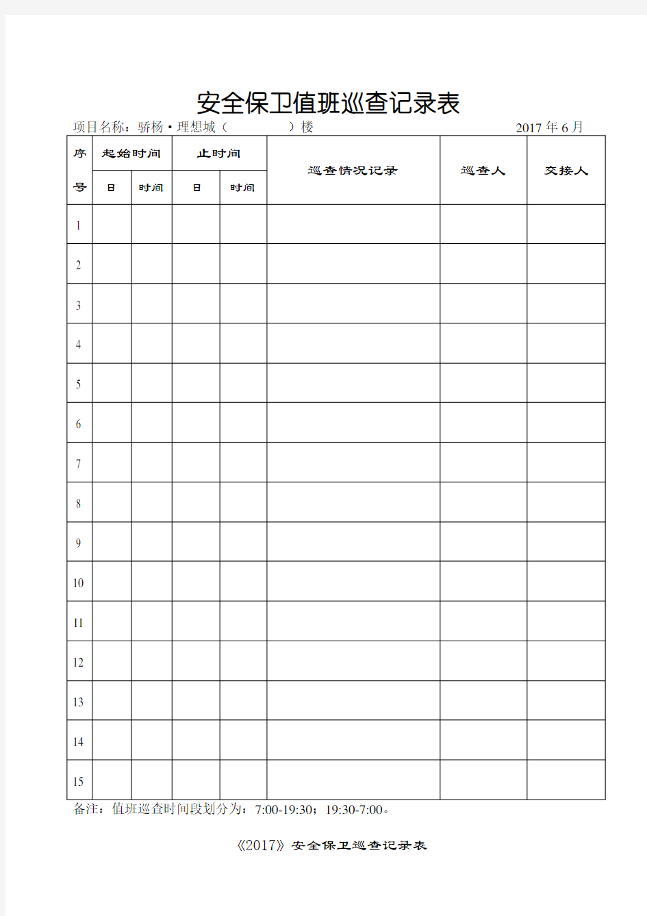 门卫值班巡查记录表