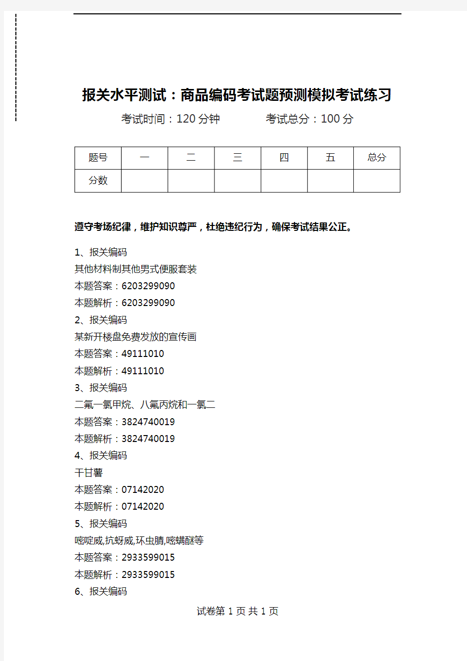 报关水平测试：商品编码考试题预测模拟考试练习_5.doc