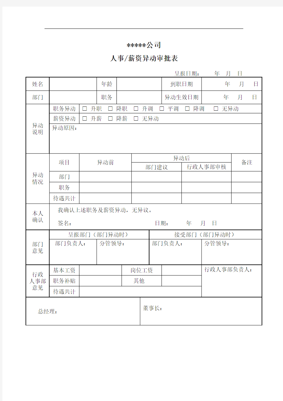 人事薪资异动申请表-人事表单模板