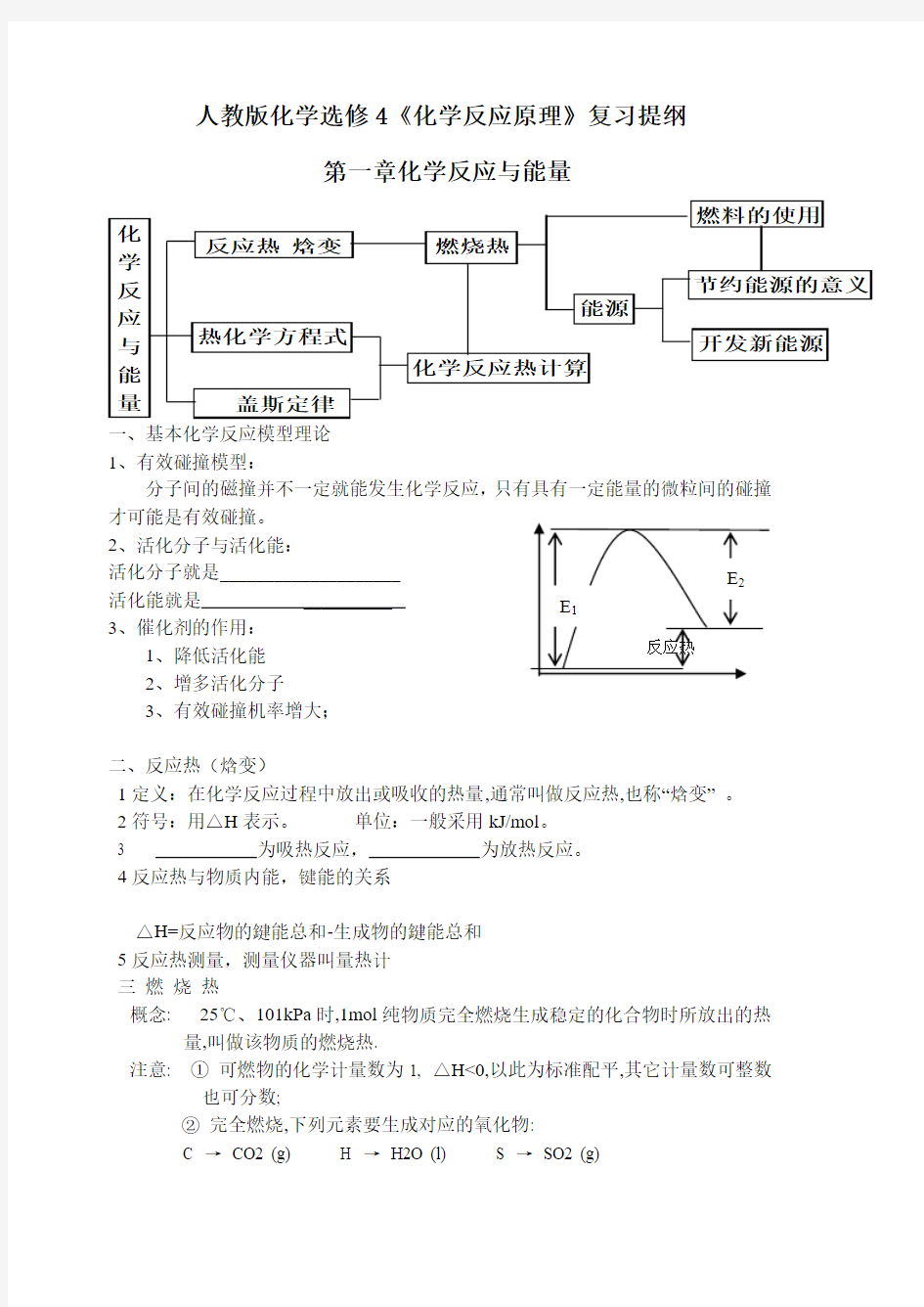 人教版化学选修4化学反应原理复习提纲