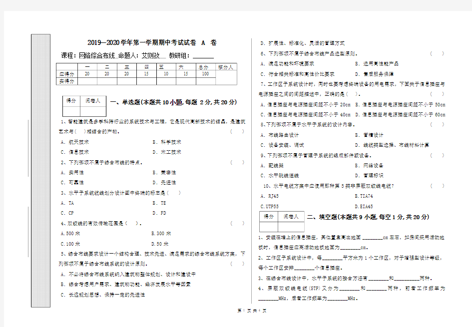 网络综合布线理论考试试卷及含标准答案B卷