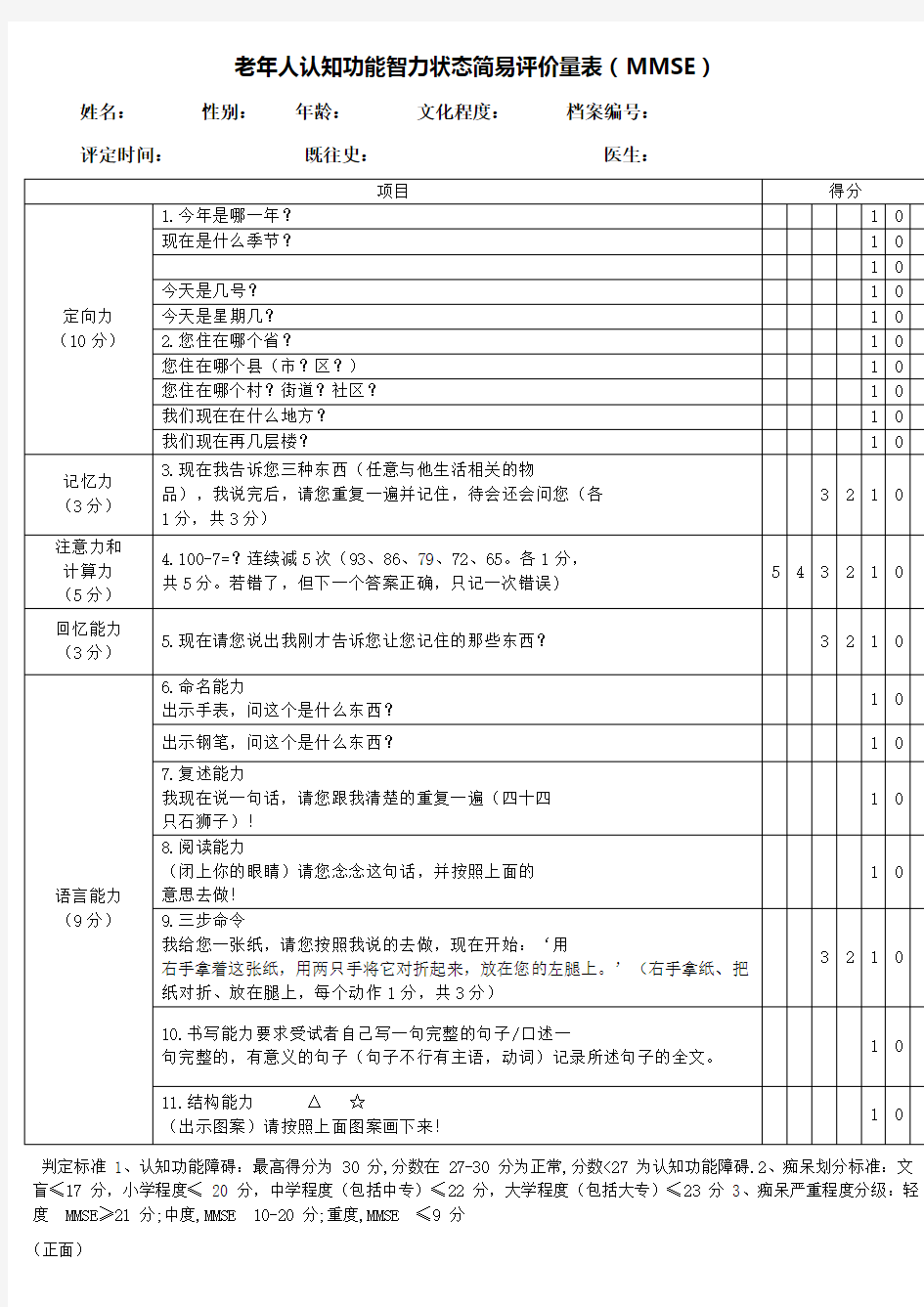 老年人认知量表