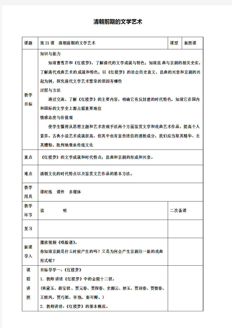 七年级历史下册第21课清朝前期的文学艺术教案新人教版 (2)