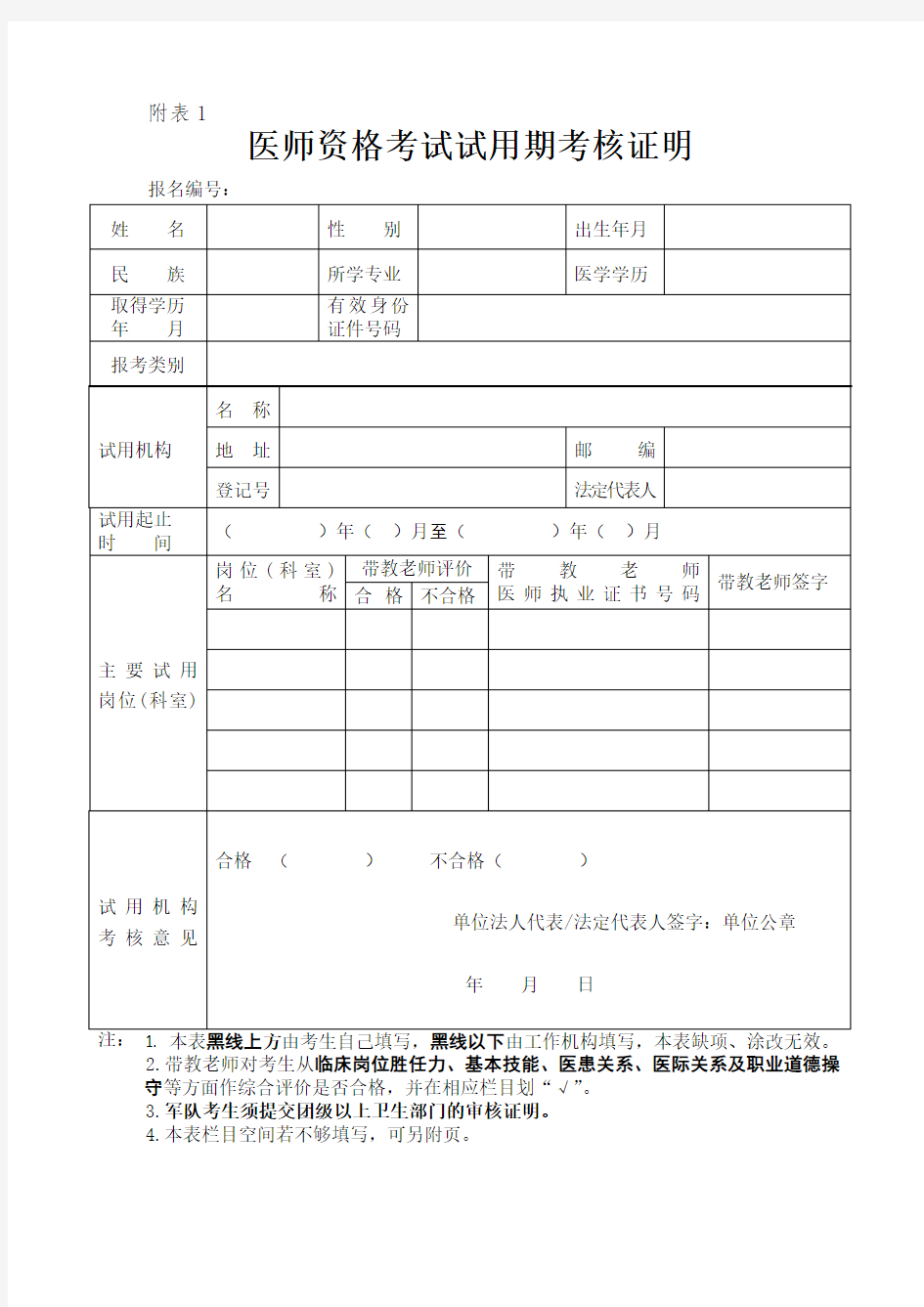 医师资格考试试用期考核证明(填写模板)