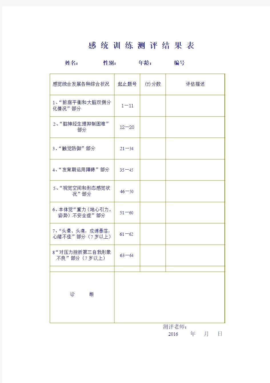 感统训练测评结果表