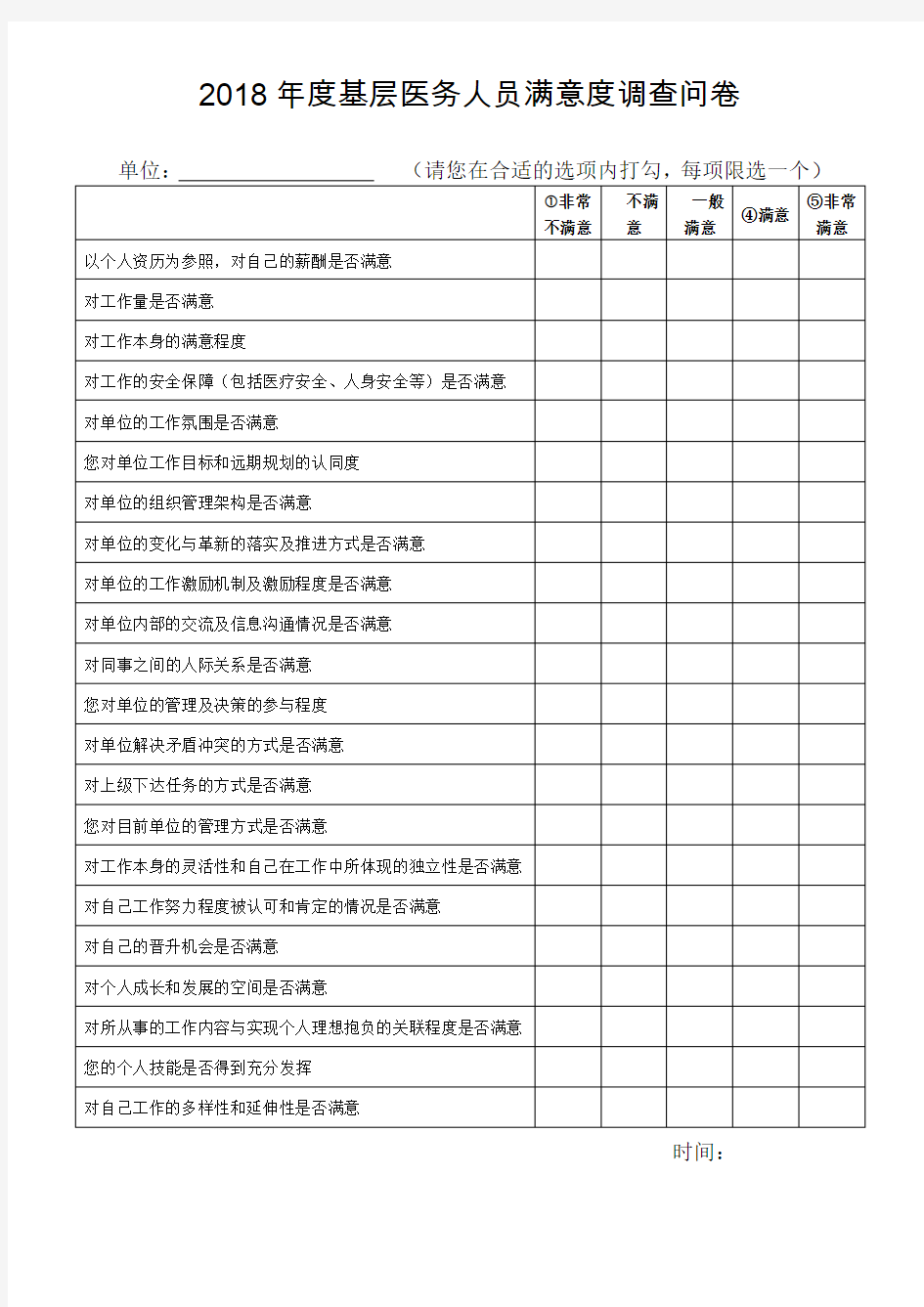 2018年度基层医务人员满意度调查问卷