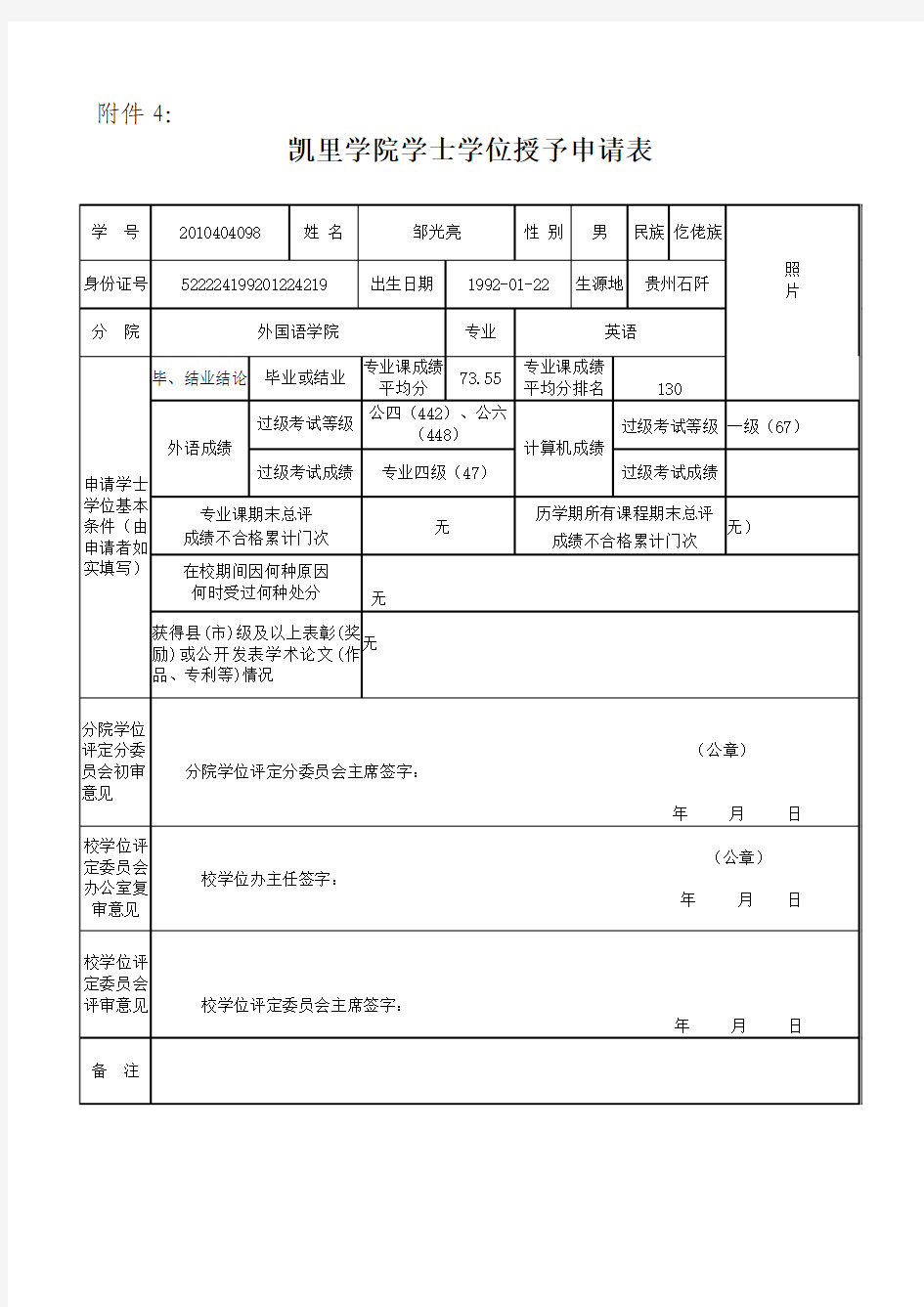 学士学位授予申请表填写模板