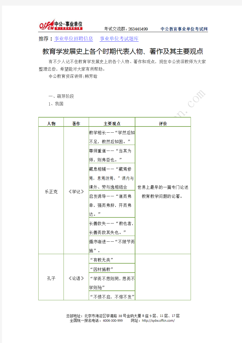 教育学发展史上各个时期代表人物、著作及其主要观点