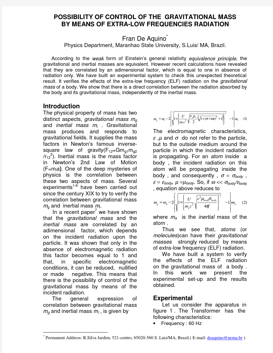 Possibility of Control of the Gravitational Mass by means of Extra-Low Frequencies Radiatio