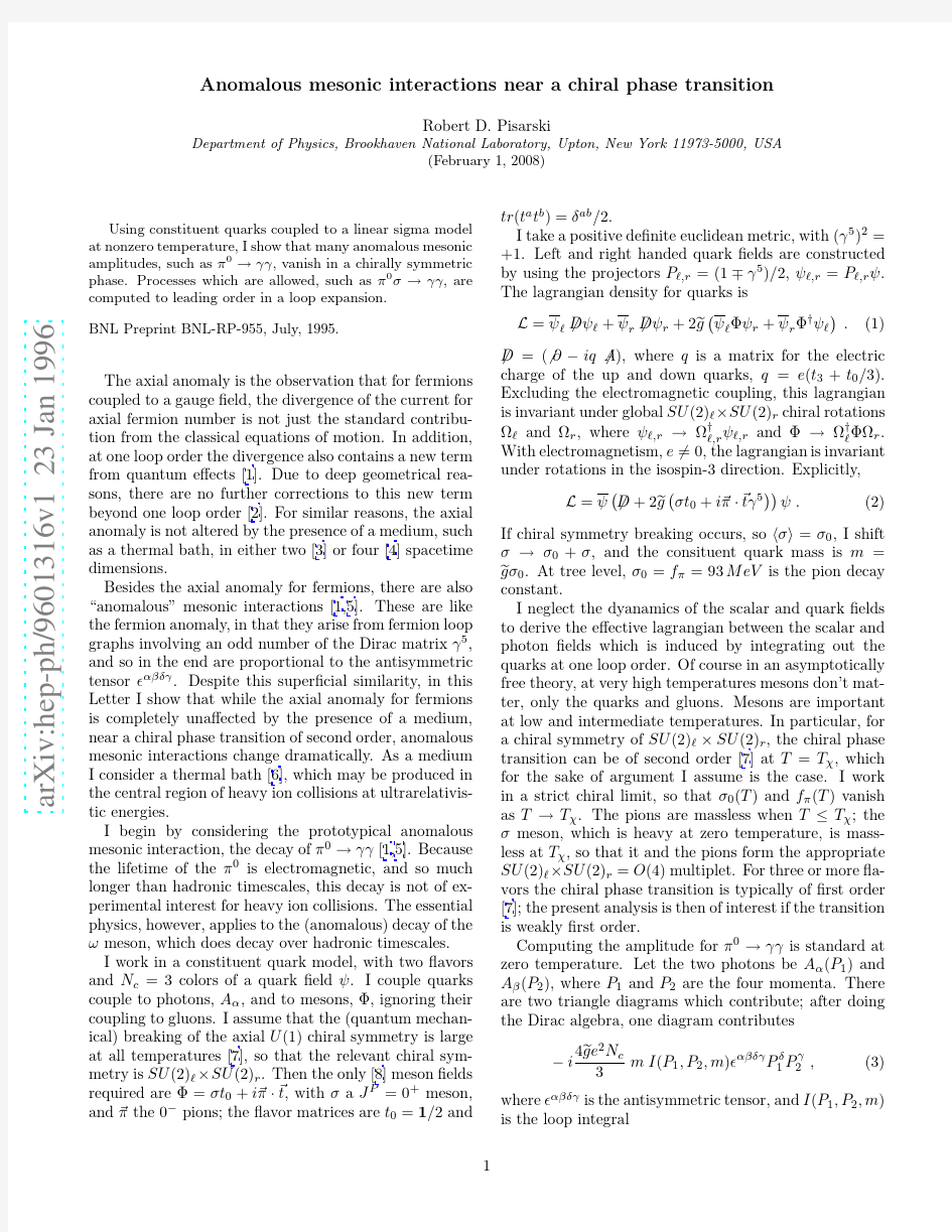 Anomalous mesonic interactions near a chiral phase transition