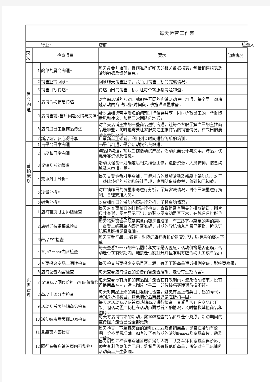 店长每日运营工作表