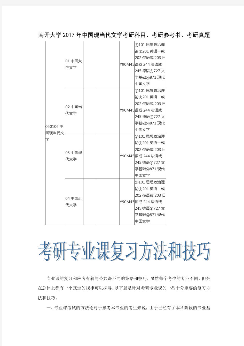 南开大学2017年中国现当代文学考研科目、考研参考书、考研真题