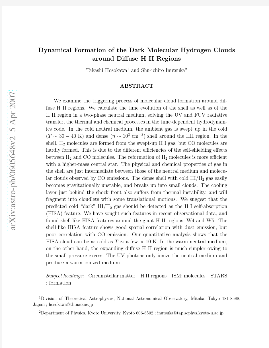 Dynamical Formation of the Dark Molecular Hydrogen Clouds around Diffuse HII Regions